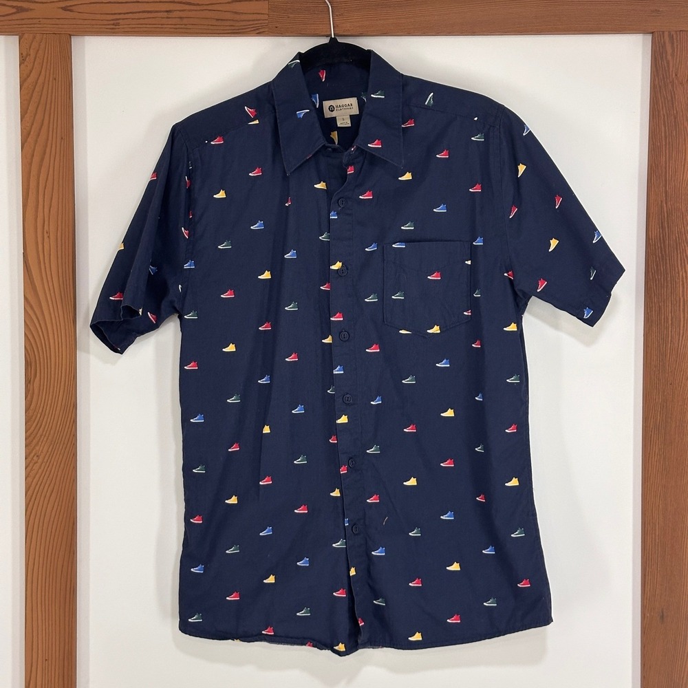 Haggar Sneaker Print Button Down Shirt‎ Mens Small Navy Blue Short Sleeve Quirky